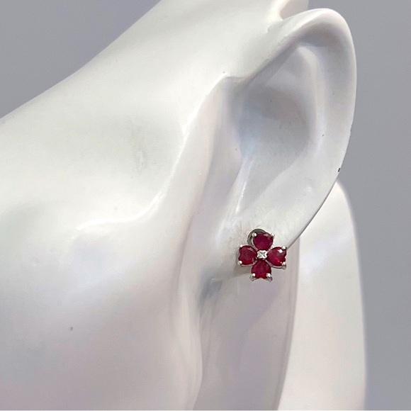 African Ruby Heart Floral Sterling Silver Stud Earrings - Picture 6 of 7